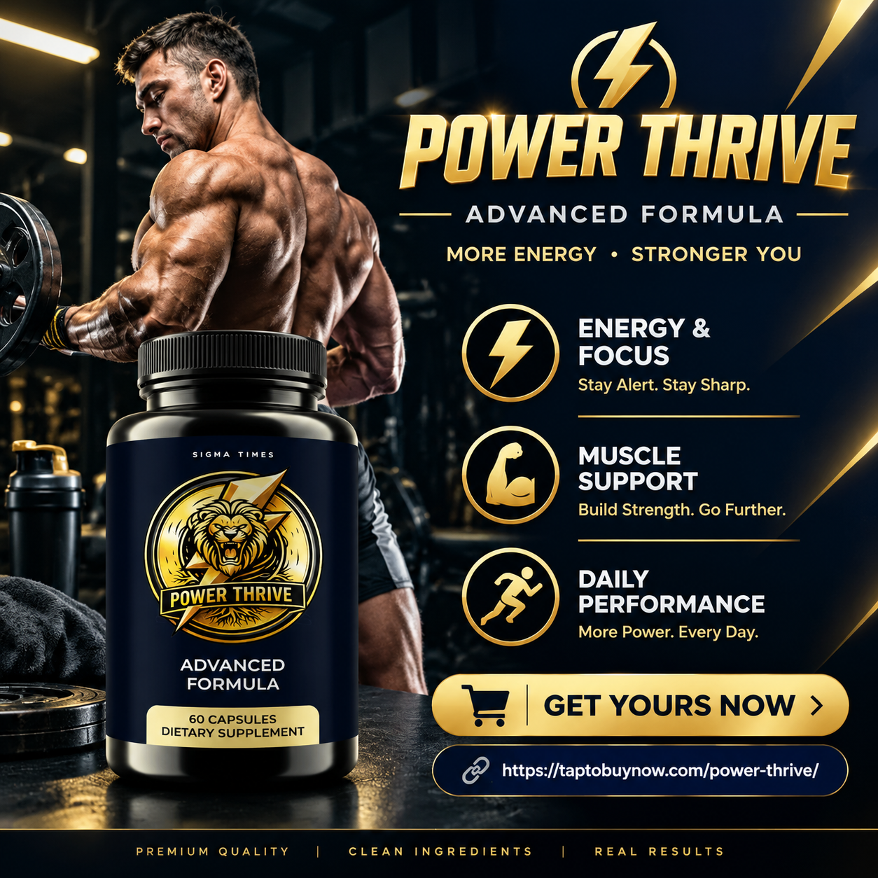 Power Thrive bottle beside an active fitness lifestyle scene