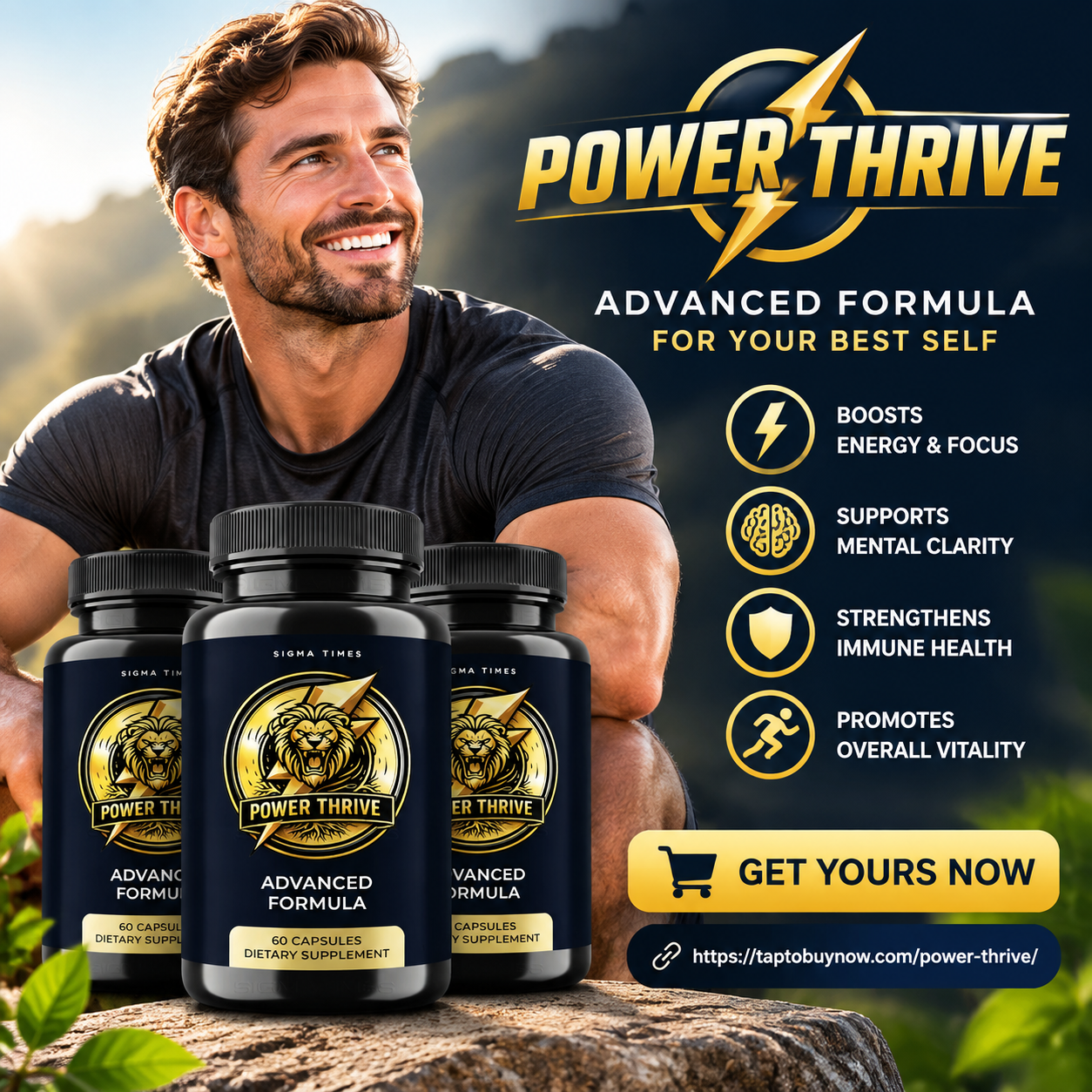 Power Thrive bottles displayed with a fitness lifestyle model